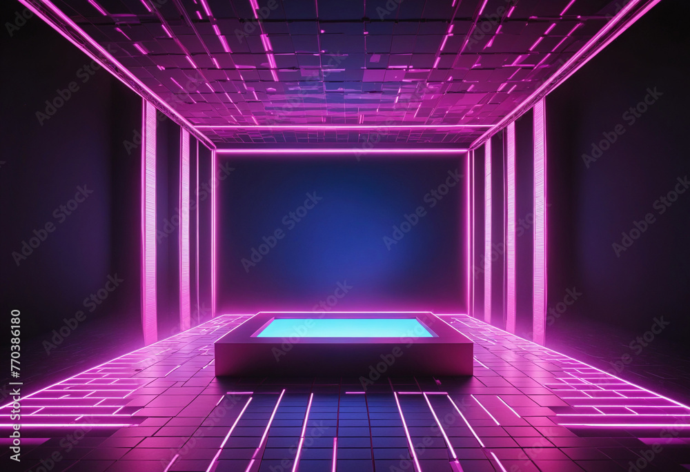 Square stage with pink blue neon light and screen pixels glowing dots background. Glowing neon lines. Empty stage laser. Catwalk fashion podium. Night club empty room. Laser show design colorful backg
