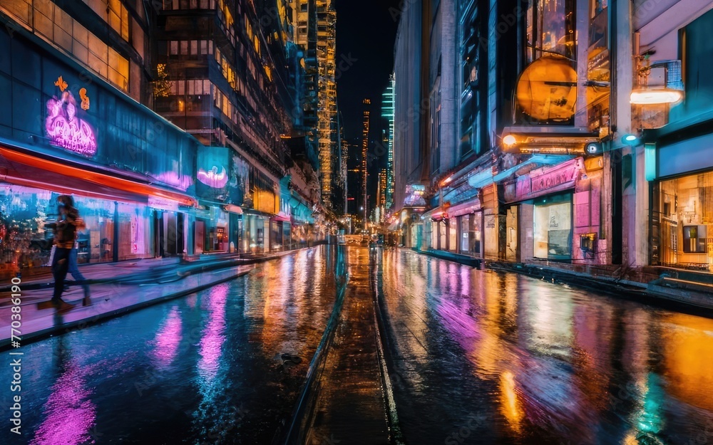 City street with colorful lights reflecting off wet pavement at night. Isolated on black background.