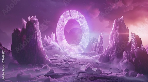 fantasy background with magical portal to another dimensin on alien planet in space photo
