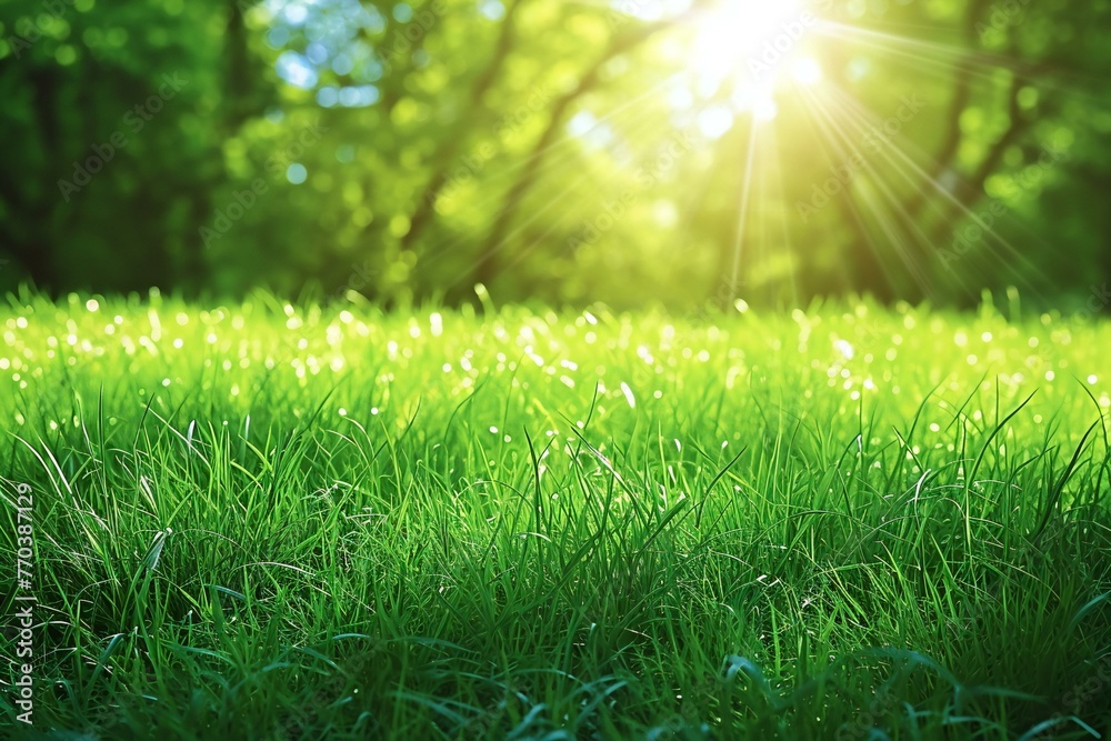 Green grass in the forest on a sunny day with lens flare effect
