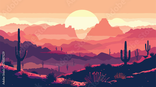 Desert Landscape with Cactus Hills and Mountains Silh © Megan