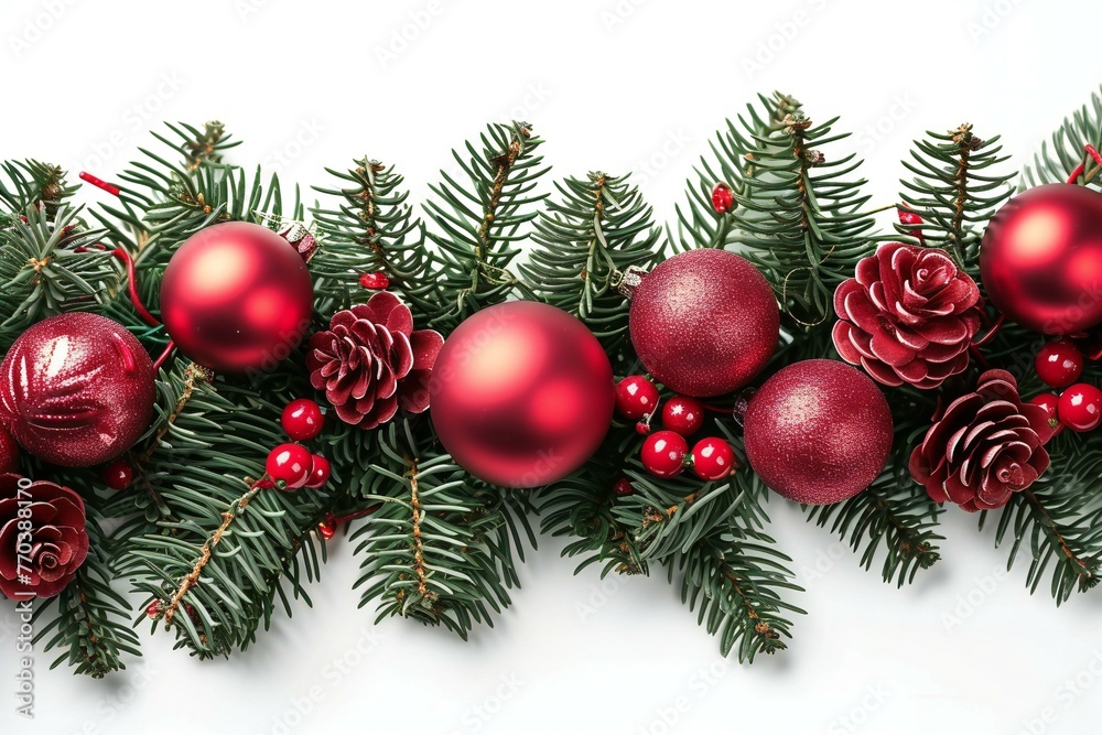 Christmas decoration with red balls and fir tree branches isolated on white background