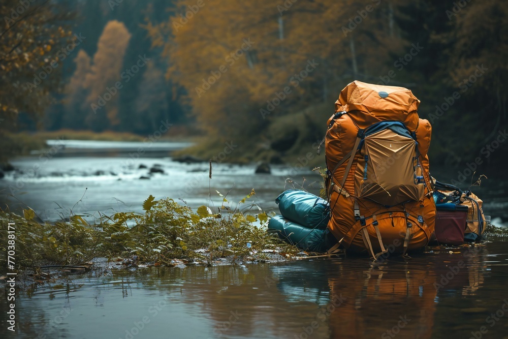 Backpack on the bank of a mountain river