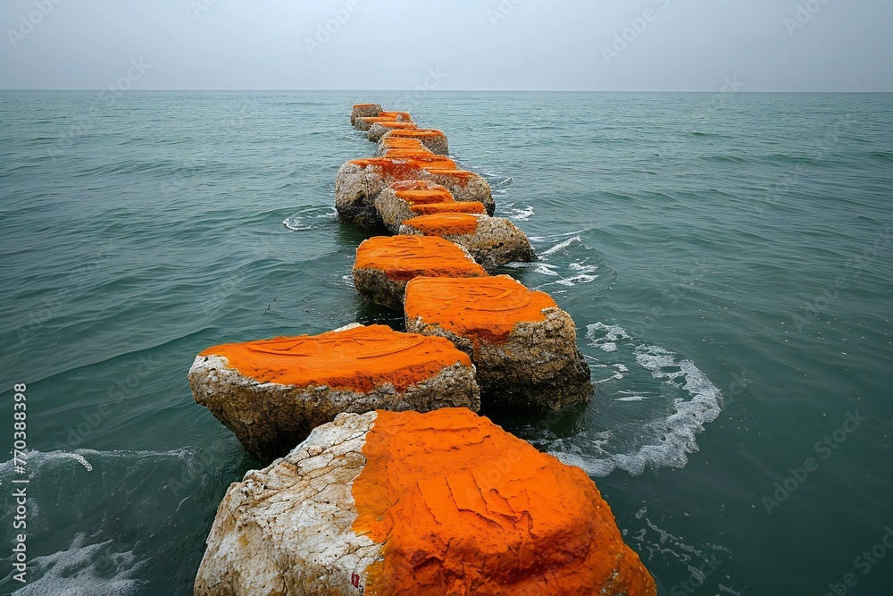 Orange breakwater in the sea on a cloudy day, closeup of photo - obrazy, fototapety, plakaty 
