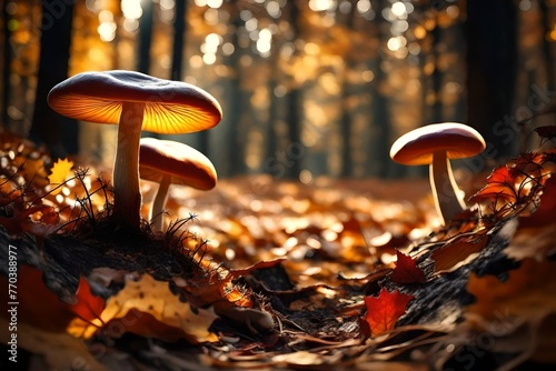 A stunning HD shot capturing the intricate beauty of fresh mushrooms in the heart of an autumn forest.