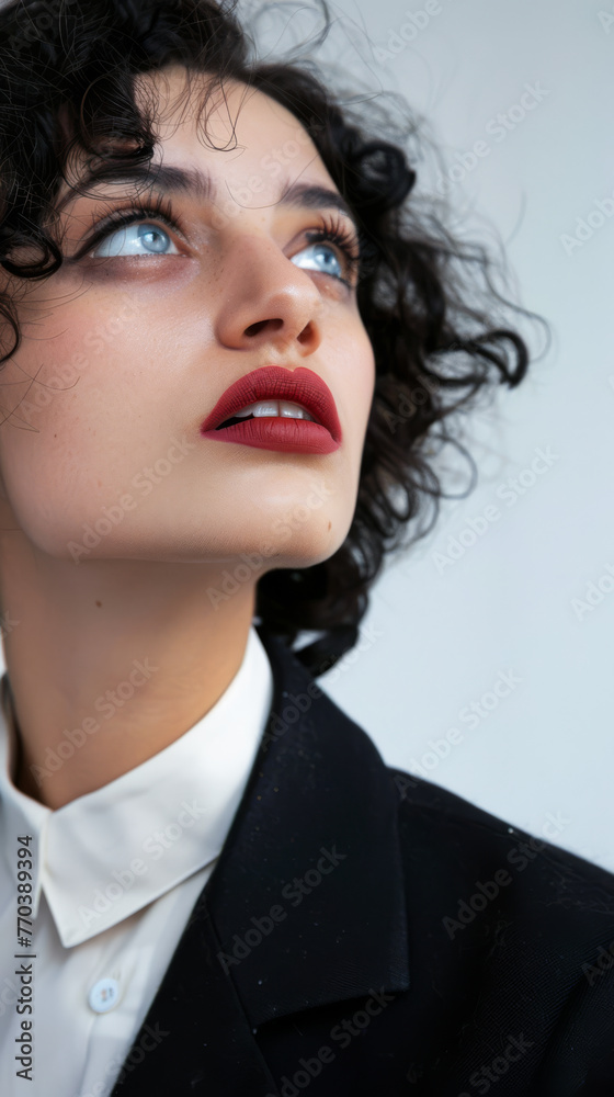 Curly haired woman portrait isolated from a white copyspace background Curly haired woman portrait isolated from a white copyspace background