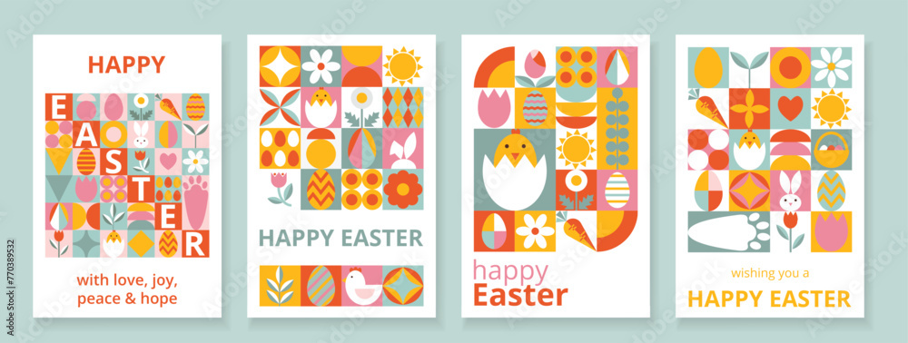 4 celebration cards for Happy Easter with typography. Modern design with simple shapes. Icons with eggs, bunny, flowers, chicken. Bright templates for card, poster, advertising, banner