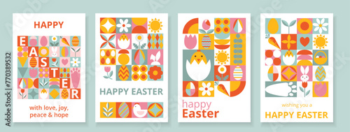 4 celebration cards for Happy Easter with typography. Modern design with simple shapes. Icons with eggs  bunny  flowers  chicken. Bright templates for card  poster  advertising  banner
