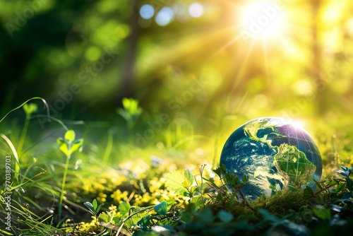 Globe on green grass and sun light,  Global warming concept