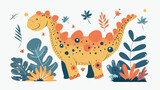 Flat isolated cartoon dinosaur with abstract leaves.