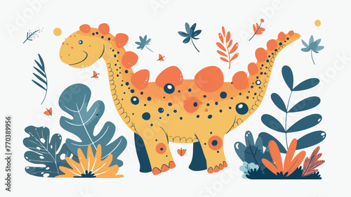 Flat isolated cartoon dinosaur with abstract leaves.