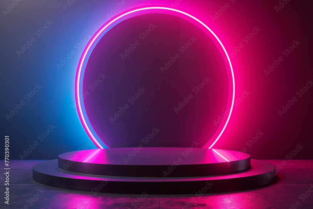 Minimal circular podium bold neon accent lighting Minimal circular podium bold neon accent lighting