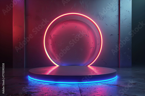 Minimal circular podium bold neon accent lighting