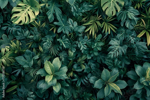 Top view of green tropical leaves background,  Nature and environment concept