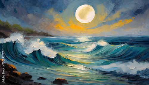 Paint a tranquil ocean scene under moonlight, utilizing oil painting techniques to depict. Generative AI.
