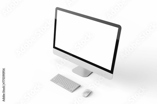 one modern tech blank lcd responsive monitor screen display desktop computer device realistic mockup template with keyboard and mouse 3d render illustration isolated top perspective view
