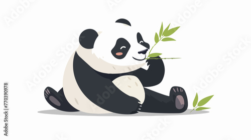 Giant panda bear eating bamboo leaf Flat vector isolated photo