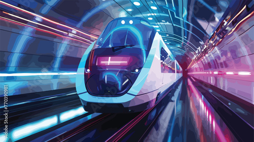 Futuristic electric train swiftly moves in a glass tu photo