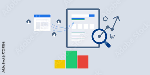Mobile SEO website data analytics ranking performance, optimization strategy, enhance visibility vector illustration business technology concept.
