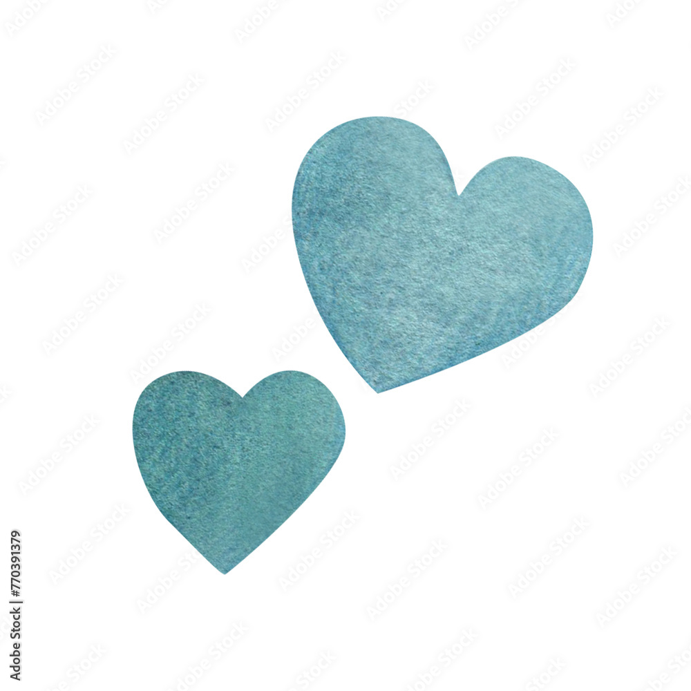 Watercolor illustration of cute blue cartoon hearts. For decorating cards and invitations