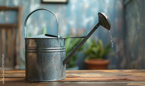 Front view watering can on wooden table