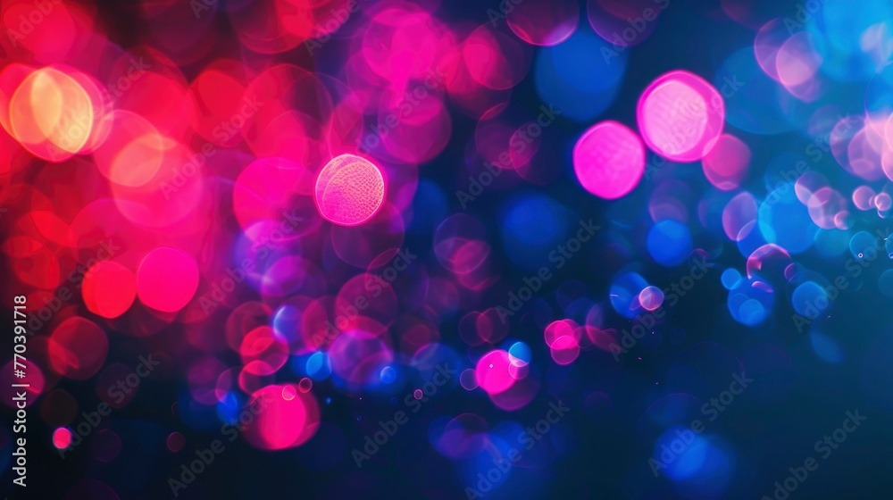 Neon blur glow. Color light overlay. Disco illumination. Defocused blue pink red ultraviolet radiance soft texture on dark black abstract empty space - generative ai