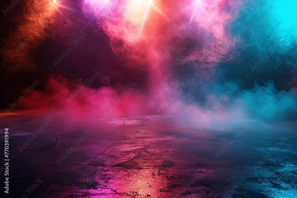 Abstract dark background, a spotlight illuminated the asphalt floor with colorful smoke and fog in a studio room. Empty scene for product presentation. In the style of a night club stage
