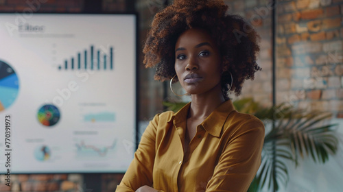 Young African American woman is presenting a product to her colleagues. Data graphs visible on the background