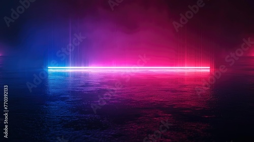 Neon blur glow. Color light overlay. Disco illumination. Defocused blue pink red ultraviolet radiance soft texture on dark black abstract empty space - generative ai