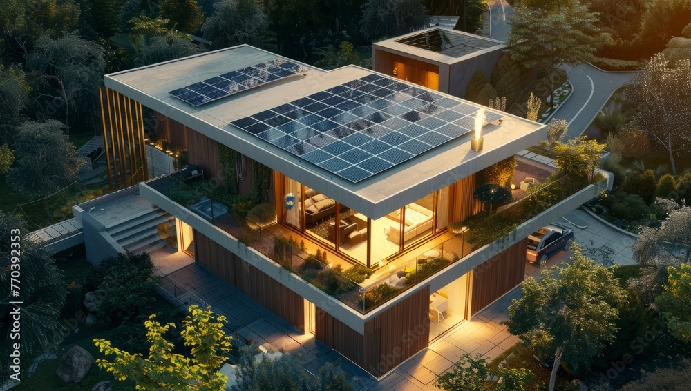 3d rendering of modern house with solar panels on roof and sun light ...