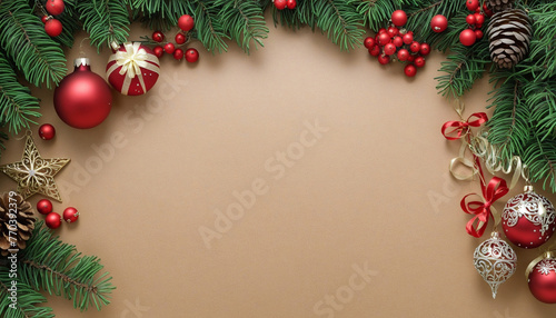 Christmas background with Christmas ornaments, pine cones, Christmas balls, stars and pine branches colorful background