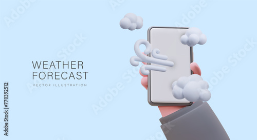 Realistic hand showing smartphone with strong wind sign