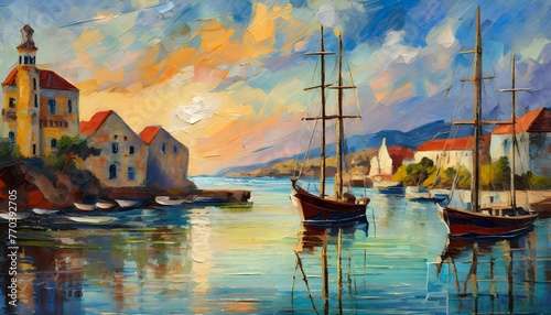 Paint a vintage harbor scene with sailboats and coastal architecture, using oil techniques. Generative AI.