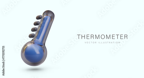 Blue realistic thermometer in tilted position. Glass device with measuring scale