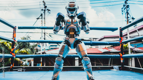 Robot on Thai boxing ring Muay Thai Style