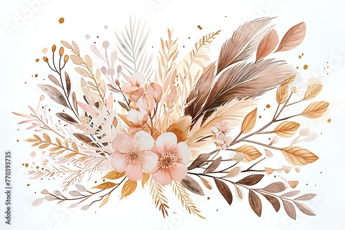 Hand drawn watercolor composition with feathers and flowers on white background