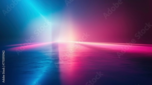Neon blur glow. Color light overlay. Disco illumination. Defocused blue pink red ultraviolet radiance soft texture on dark black abstract empty space - generative ai