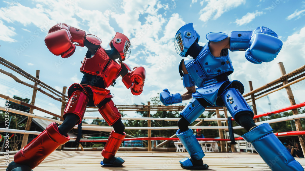 Robot red and blue fighting on boxing ring Muay Thai Style