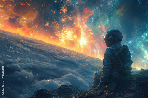 Astronaut Contemplating Cosmic Sunset.