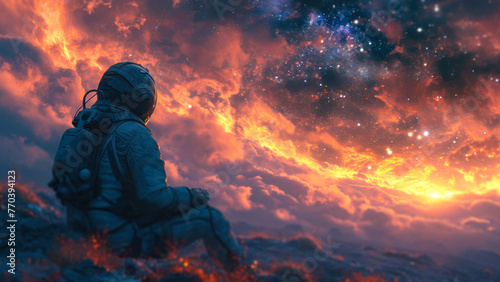 Astronaut Overlooking Distant Star Explosion.