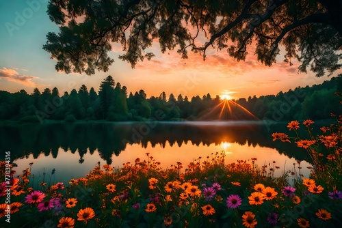 Enchanting sunset by a pristine lake, the sky ablaze with colors, surrounded by lush trees and a riot of blooming wildflowers.