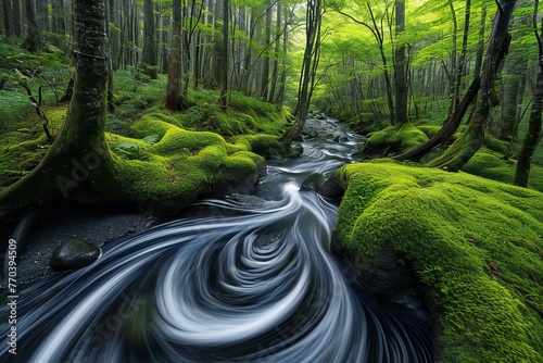 Forest stream flowing through the green mossy rocks in a deep forest