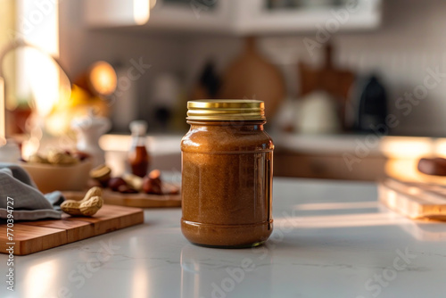 Homemade Peanut Butter Jar on Kitchen Counter. photo