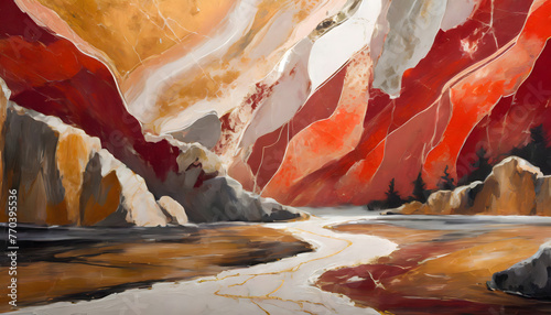Paint an oil scene inspired by the rustic red hues of Levanto marble, capturing the essence. Generative AI.