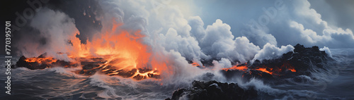 Flowing lava meeting ocean water, steam and new land forming.