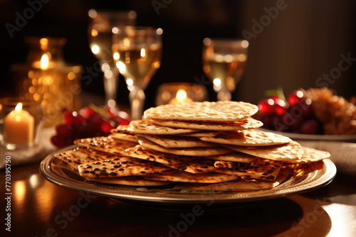 Festive dinner during the Jewish Passover. On the table are traditional matzah dishes, wine, candles. Passover Seder plate