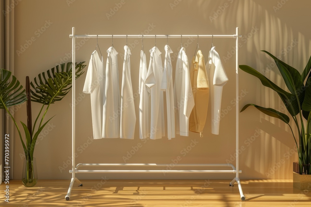 A rack of clothes is hanging on a wall