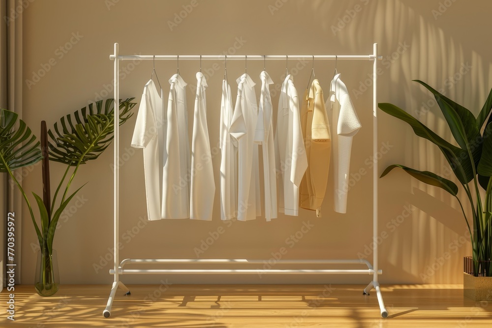 A rack of clothes is hanging on a wall A rack of clothes is hanging on a wall