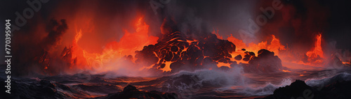 Flowing lava meeting ocean water, steam and new land forming.