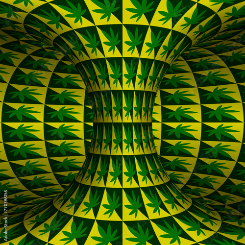 Inner part of torus with green yellow leaf pattern. It seems that the torus is spinning. Optical illusion illustration.
